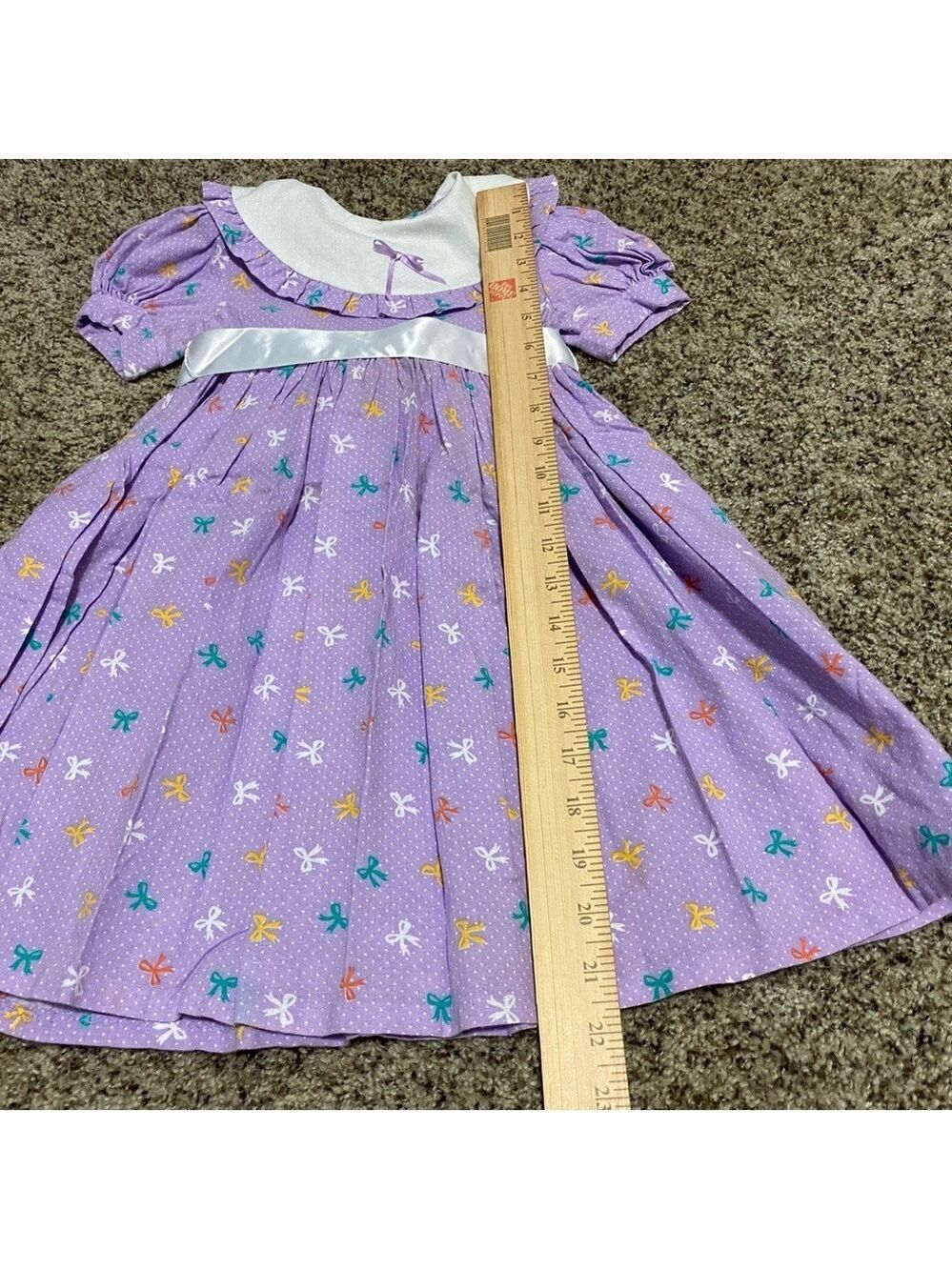 Vintage Toddler Girl Cotton Dress 80s 90s Purple Polka Dot Bows Ribbon Tie - Picture 8 of 11